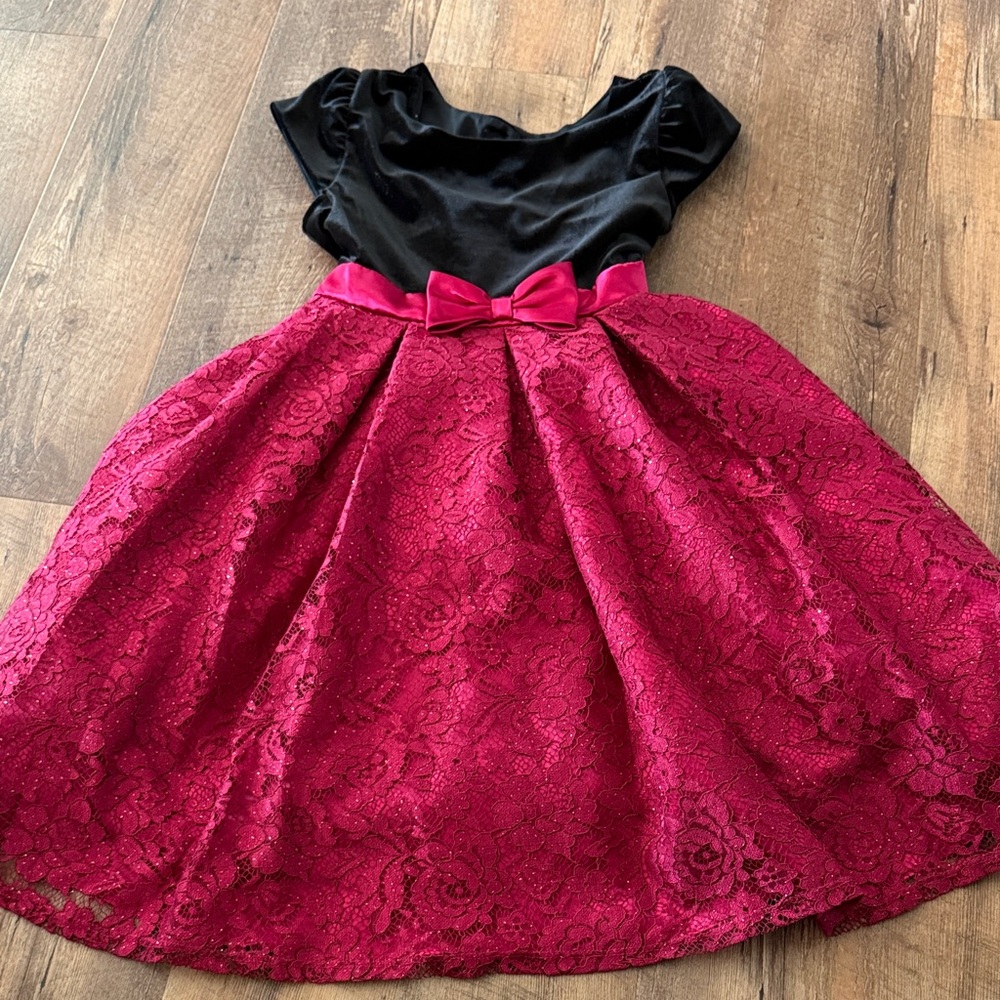 Jona Michelle Black Velvet Bodice with Deep Pink Lace Skirt Bow-Accent Dress